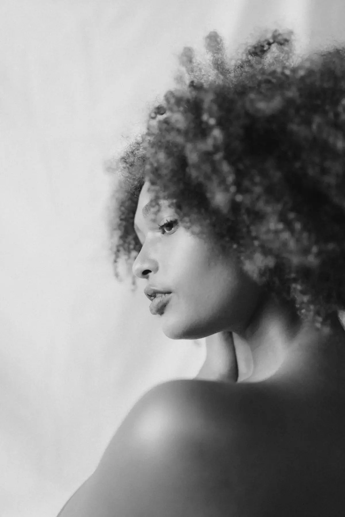 A woman in profile, cheekbone and jawline in soft light